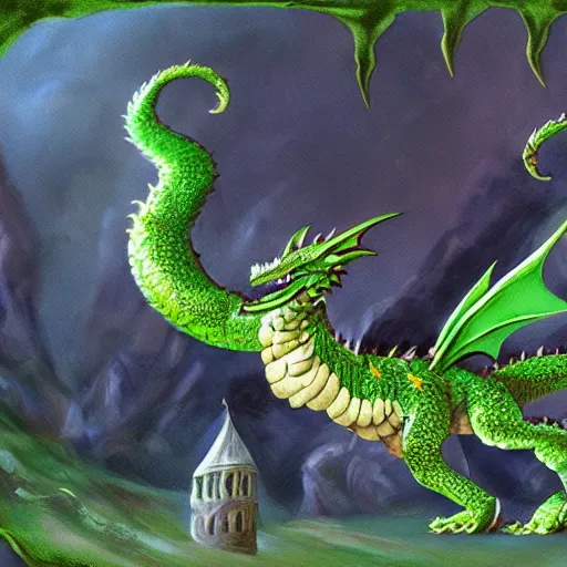 Image similar to fairy tale, painting, large green dragon, venomfang, dnd, inside a castle, four legs, long claws, wide wings, sitting on a small hoard of gold, realistic, dungeons and dragons