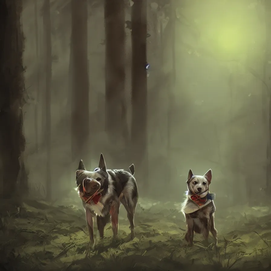 Prompt: photo of a dog in the woods ilustration, concept art, sharp focus, ArtStation