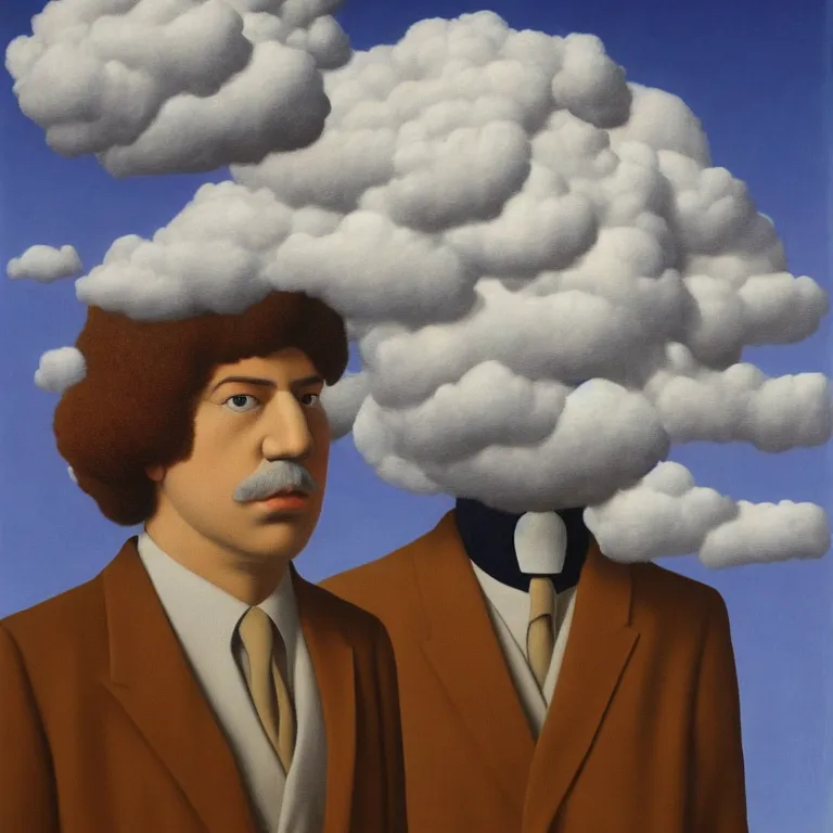 Image similar to portrait of a cloud head man, by rene magritte, centered, detailed painting, hd, hq, high resolution, high detail, 4 k, 8 k