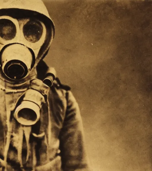 Prompt: person wearing gas mask, ww1 technicolor film photo, grainy, high detail, high resolution