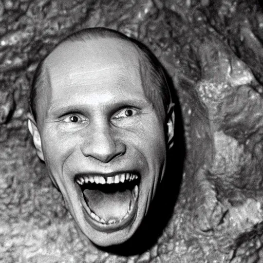 Image similar to photo inside a cavern of a wet reptilian humanoid putin with black eyes, open mouth and big teeth, partially hidden behind a rock