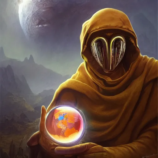 Image similar to masked nomad wearing a cloak on an alien world and holding a holographic planet projection in his hand, detailed, sci - fi, digital painting, artstation, sharp focus, illustration, ominous, artgerm, tomasz alen kopera, peter mohrbacher, donato giancola, joseph christian leyendecker, wlop, frank frazetta