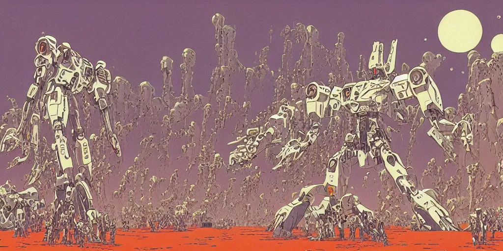 Image similar to risograph rendition of extremely - detailed white huge evangelion - like mech with a lot of orange tiny balls on it, children faces, ominous, intricate complexity, dramatic, epic composition, atmospheric, painting by moebius