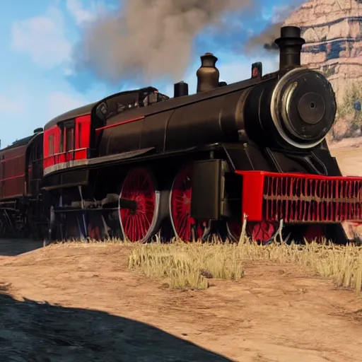 Image similar to futuristic sleek steam locomotive in red dead redemption 2