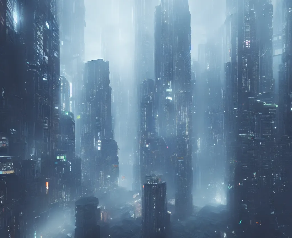 Prompt: Large cyberpunk single skyscraper, other smaller buildings, octane render, foggy atmosphere, style of bladerunner