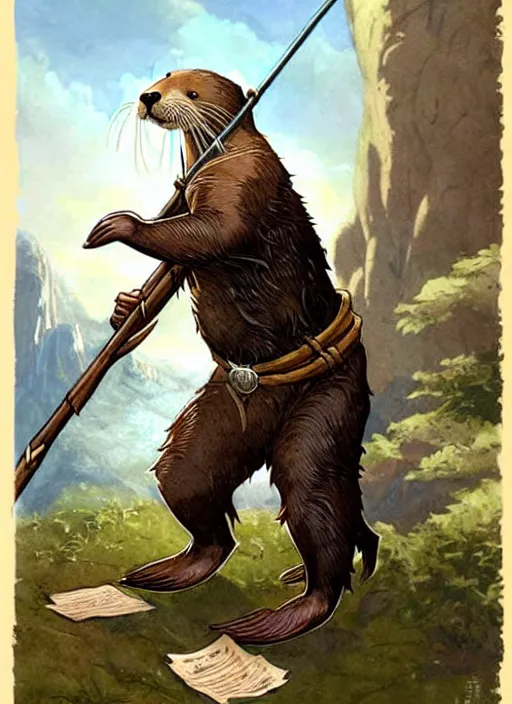 Image similar to a heroic otter scout with spear on a parchment background, redwall, greg rutowski and jean baptiste monge, detailed, epic fantasy concept art