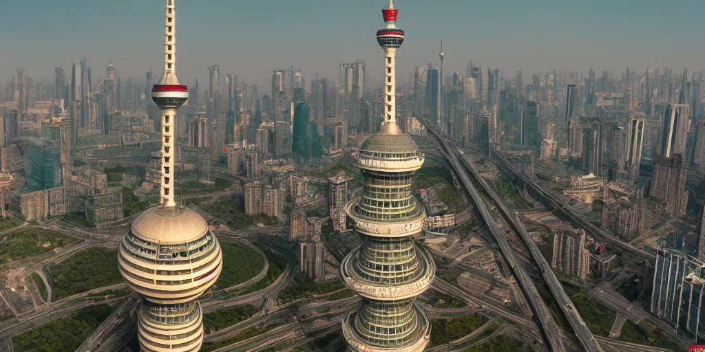 Image similar to a very high resolution image from a new movie, oriental pearl tower, front view, photorealistic, photography, directed by wes anderson