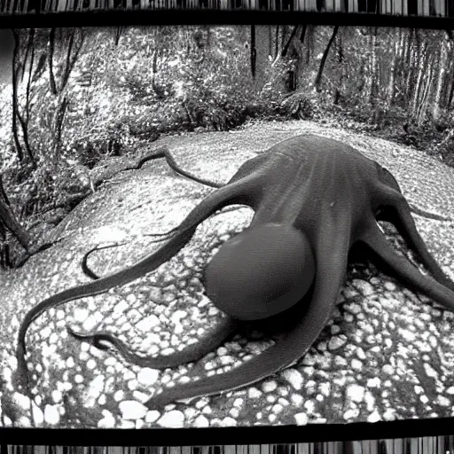 Prompt: a scary octopus caught on trailcam nightvision footage camera, grainy low quality