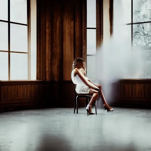 Image similar to a woman in a white dress sitting in a chair, volumetric lighting, photorealistic, criterion collection, featured on cg society, shutterstock contest winner, award - winning photograph, mysterious