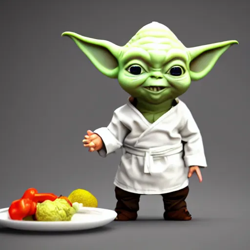 Image similar to curious innocent tiny chubby babyfat baby yoda as chef wearing white chefs hat and white apron, offering a plate of food, vegetables, photography, hyperrealism, unreal engine, octane 3 d render, houdini, unity 3 d, highres, adobe premier pro, trending on artstation, trending on deviantart, thisistheway