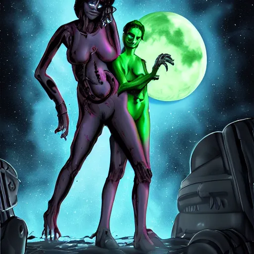 Image similar to scifi woman versus undead creature in a dark spaceship, detailed digital art