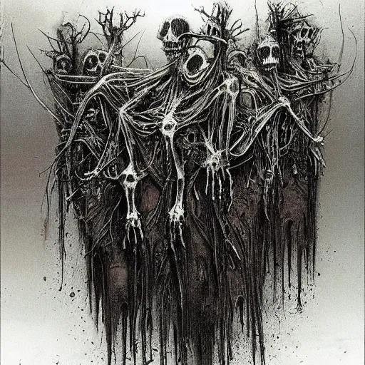 Prompt: merge skeletons in the hundreds reaching out from a broken portal to hell, melting metal vortex, beksinski + gammell + mcfarlane + giger, wispy realistic horrors