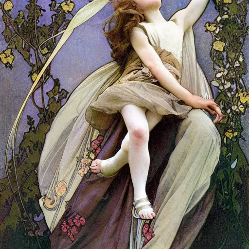 Prompt: a boy flying a kite art by alphonse mucha and Monia Merlo and Raymond Swanland