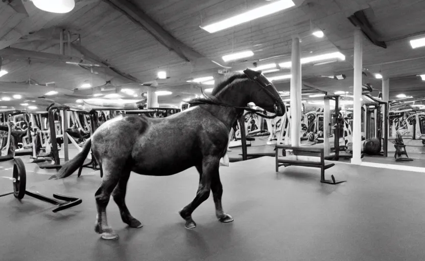 Prompt: cart horse with big hands in a gym, turning right, standing down