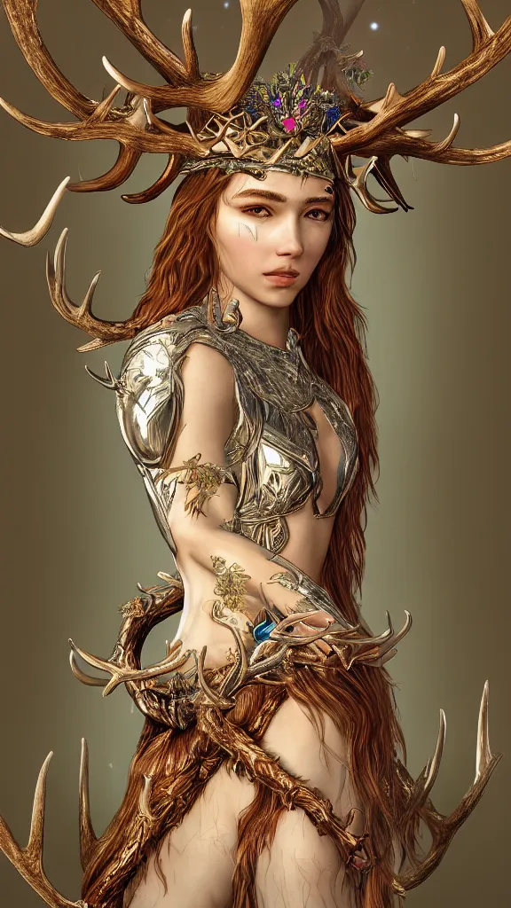 Prompt: highly detailed full body portrait of Artemis, goddess of the hunt and the moon, wearing a crown made of antlers, studio lightning, bright colors, intricate, masterpiece, photorealistic, hiperrealistic, sharp focus, high contrast, Artstation HQ, DeviantArt trending, 4k UHD, Unreal Engine 5