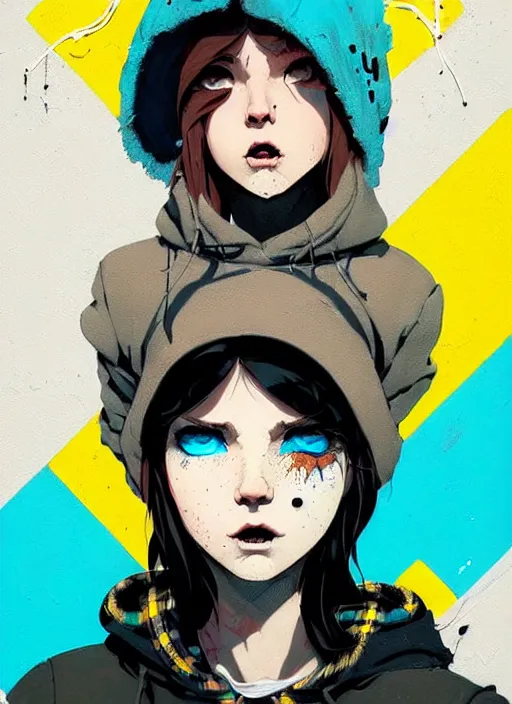 Image similar to highly detailed portrait of a sewer punk lady student, blue eyes, tartan hoody, hat, white hair by atey ghailan, by greg rutkowski, by greg tocchini, by james gilleard, by joe fenton, by kaethe butcher, gradient yellow, black, brown and cyan color scheme, grunge aesthetic!!! ( ( graffiti tag wall ) )