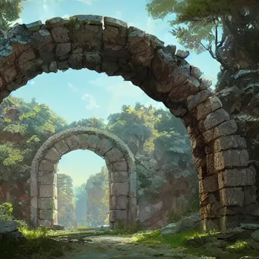 Image similar to concept art painting of an ornate ancient stone archway, in the woods, realistic, detailed, cel shaded, in the style of makoto shinkai and greg rutkowski and james gurney