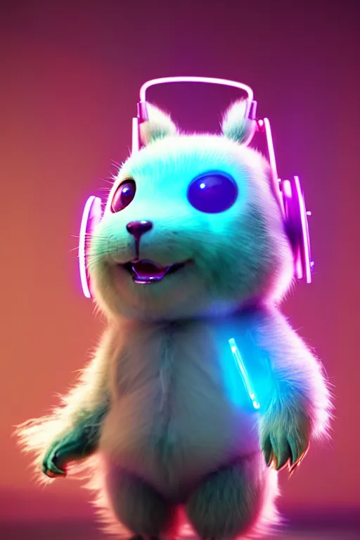 Prompt: high quality 3 d render neo - cyberpunk very cute half fluffy! wombat!! half cyborg with big headphones, pastel mechanical! paw, cyberpunk monocle!, highly detailed, unreal engine cinematic smooth, in the style of detective pikachu, hannah yata charlie immer, neon purple light, low angle, uhd 8 k, sharp focus