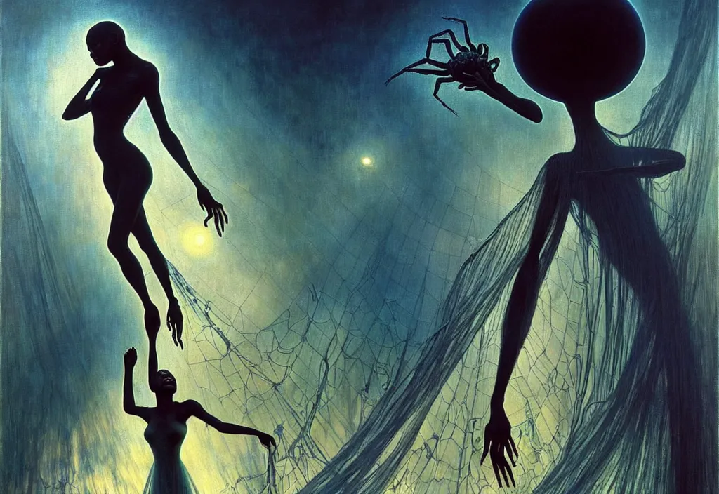 Image similar to realistic detailed portrait movie shot of a single beautiful black woman in a transparent sheer fabric dress dancing with a giant spider, futuristic sci fi landscape background by denis villeneuve, jean delville, yves tanguy, ernst haeckel, alphonse mucha, max ernst, monia merlo, roger dean, sci fi necklace, masterpiece, dreamy, rich moody colours