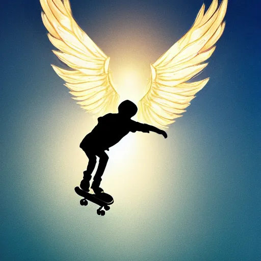 Image similar to young skateboarder with Angel wings kickflip background the sky