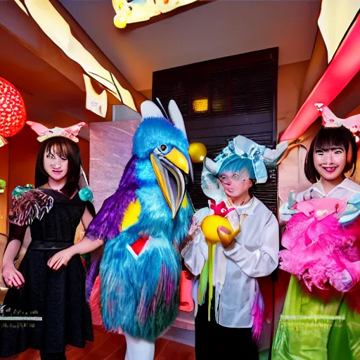 Image similar to High quality realistic photo of the grand opening of a shoebill themed maid cafe in Akihabara, there is a giant shoebill mascot and lots of shoebill themed decorations. Kodak Ektar, 200 ISO, Bill Henson style beautiful chiaroscuro lighting, beautiful colour palette, realistic faces