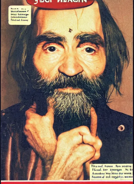 Image similar to vintage magazine advertisement depicting charles manson as a muppet