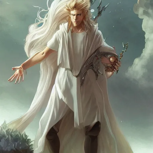 Image similar to Lucius the delicate androgynous pale blond prince league of legends on his day off, white poet shirt, long fluffy curly blond hair, highly detailed, digital painting, artstation, concept art, smooth, sharp focus, illustration, ArtStation, art by artgerm and greg rutkowski and alphonse mucha and Edmund Blair Leighton and Charlie Bowater