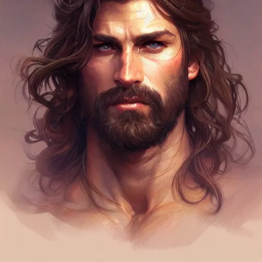 Image similar to Portrait of rugged male ranger, D&D, amber eyes, face, long hair, muscular, fantasy, intricate, elegant, highly detailed, digital painting, artstation, concept art, smooth, sharp focus, illustration, art by artgerm and greg rutkowski and alphonse mucha