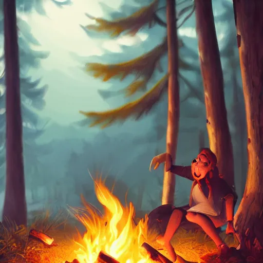 Prompt: close up campfire in the woods, stylized, artgerm, artstation, hd, cgsociety, cgi, realistic, dramatic, cinematic, artistic, trending, detailed