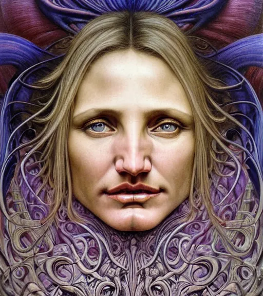 Image similar to detailed realistic cameron diaz face portrait by jean delville, gustave dore and marco mazzoni, art nouveau, symbolist, visionary, gothic, pre - raphaelite. horizontal symmetry by zdzisław beksinski, iris van herpen, raymond swanland and alphonse mucha. highly detailed, hyper - real, beautiful, fractal baroque