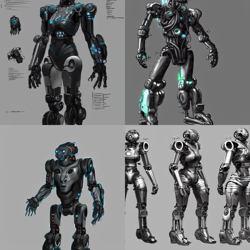 Prompt: a half robot half organic cyberpunk lion. Concept art, character sheet, Artstation, detailed, render, 3D.