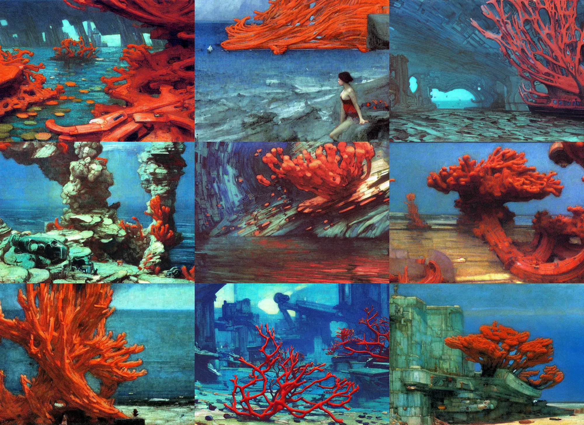 Prompt: A cyberpunk deep sea coral reef painted by John William Waterhouse and Edward Hopper. HD