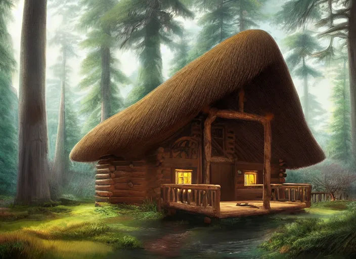 Prompt: a cabin made of thatch in a mystical forest full of wonders, pine trees, magical atmosphere, trending on artstation, 30mm, by Noah Bradley trending on ArtStation, deviantart, high detail, stylized portrait H 704