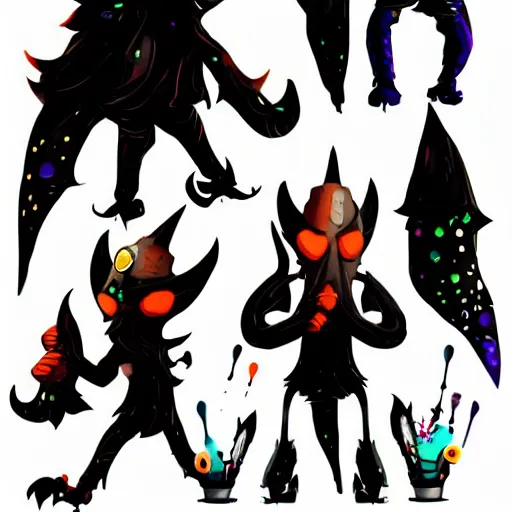 Image similar to character design sheets for a new vampire squid character, artwork in the style of splatoon from nintendo, art by tim schafer from double fine studios, black light, neon, spray paint, punk outfit, tall thin toothpick like frame adult character, fully clothed, gothic, colorful, sparkles and glitter