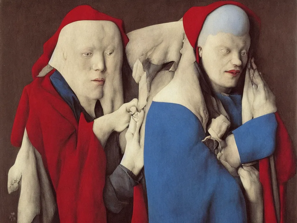 Image similar to Portrait of albino mystic with blue eyes, with tears of joy. Painting by Jan van Eyck, Audubon, Rene Magritte, Agnes Pelton, Max Ernst, Walton Ford