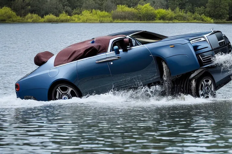 Image similar to Group of teenagers push Rolls-Royce into lake with their hands from a small slide