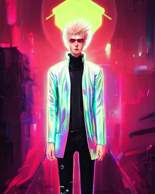 Image similar to detailed portrait of European Pale Blonde hair Stylish Guy Sheen Holographic Jacket coat, Futuristic sci-fi fashion, royal attire Akira, Evangelion, cyberpunk, neotokyo, synthwave, aesthetics, futuristic, low-emission-neon, bladerunner movie scene by ismail inceoglu dragan bibin hans thoma greg rutkowski Alexandros Pyromallis Nekro Rene Margitte illustrated Perfect face, fine details, realistic shaded, fine-face, pretty face sharp chine