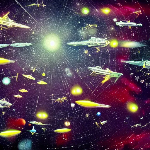 Prompt: swarm of spaceships, starfield, digital art, sharp focus