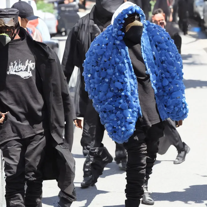 Prompt: paparazzi photo of kanye west using a black face - covering mask made of cloth with small holes, a blue puff undersized round jacket, a black shirt underneath and black rubber boots, paparazzi, detailed,