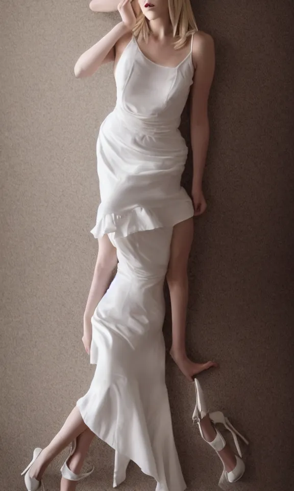 Prompt: photo of gorgeous seductive tall emily skinner cosplaying annie leonhart wearing elegant white dress, wearing open toe heels, in a white room, beautiful face, pale skin, rule of thirds, cinematic lighting, sharp focus, backlit, stunning, smooth, hard focus, full body shot, studio photo, shot on sony a 7 iii