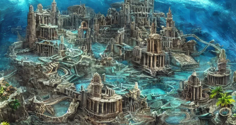 Prompt: a magnificent underwater photo of the lost city of Atlantis, landscape, fully built buildings, hyper detailed, 4K