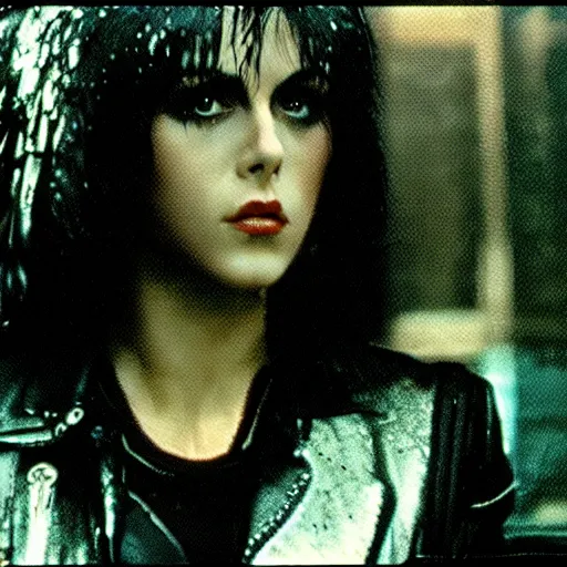 Image similar to a film portrait still of joan jett in blade runner, gritty cyberpunk atmosphere. realism, cinematic lighting, beautiful gothic fantasy photorealistic, 4 k. 8 mm. grainy. panavision.