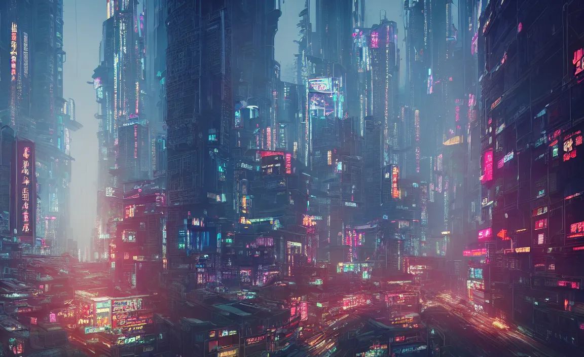 Prompt: cyberpunk city scene in chongqing, china, traffic flow, chinese style, art by moebius, artstation trending, gorgeous clouds, god rays, fantasy art, octane render, ureal engine, japanese animation, mist, hyperdetailed, animation, by lownine.