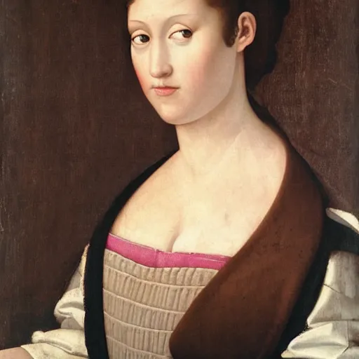 Prompt: Renaissance oil painting full head portrait pretty young lady, dark hair, pink cheeks, grey and white dress