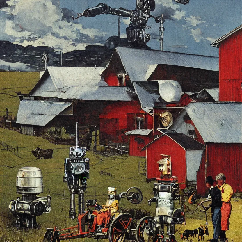 Image similar to portrait painting of a robot made of shiny reflective chrome in front of a barn and farm, painted by norman rockwell. agricultural scene. pulp sci - fi art for omni magazine. high contrast. dark background. baroque period, oil on canvas. renaissance masterpiece. trending on artstation. retrofuturism.