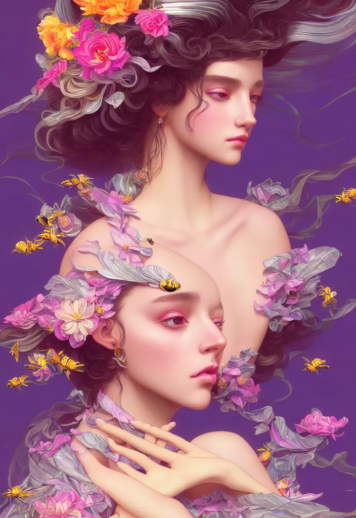 Prompt: young beautiful woman, gorgeous face, vaporwave aesthetic, synthwave, colorful, psychedelic, artstation, flowers, bees, ribbons, concept art, luxurious silvery gown, smooth, extremely sharp detail, finely tuned detail, 8 k, unreal engine 5, ultra sharp focus, illustration, art by artgerm and greg rutkowski and alphonse mucha