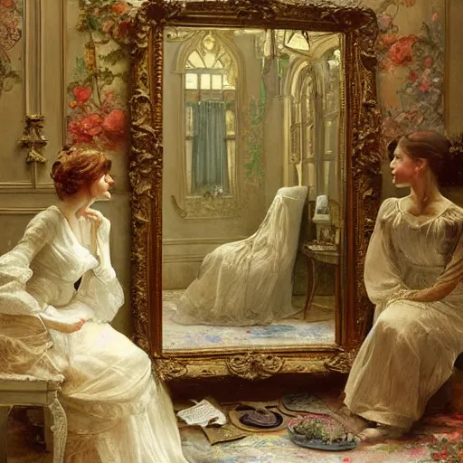 Prompt: a beautifull intricate watercolour painting of a victorian room with mirror, reflexions, verry high details by william turner art, greg rutkowski and alphonse mucha, trending on artstation, very very detailed, masterpiece, - h 7 0 4