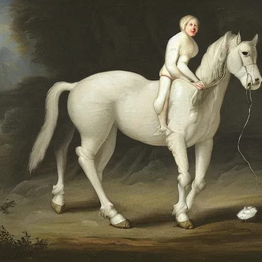 Image similar to A creature consisting of a white ape and a black horse