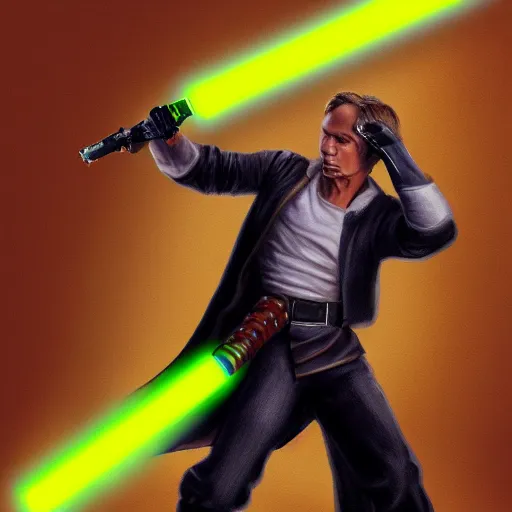 Image similar to jerma 9 8 5 wielding a lightsaber, detailed painting, trending on artstation