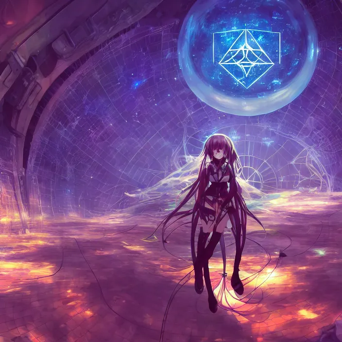 Image similar to Albedo from overlord, mamimi samejima, psychedelic background, epcot, inside a space station, eye of providence, female anime character, Lain, uwu, uwu, Luminism, Tomas Sanchez, surrealism, Simon Stålenhag, Ruan Jia, uwu Hi-Fructose, Artstation, HD, HDR, High Resolution, technological rings, giygas